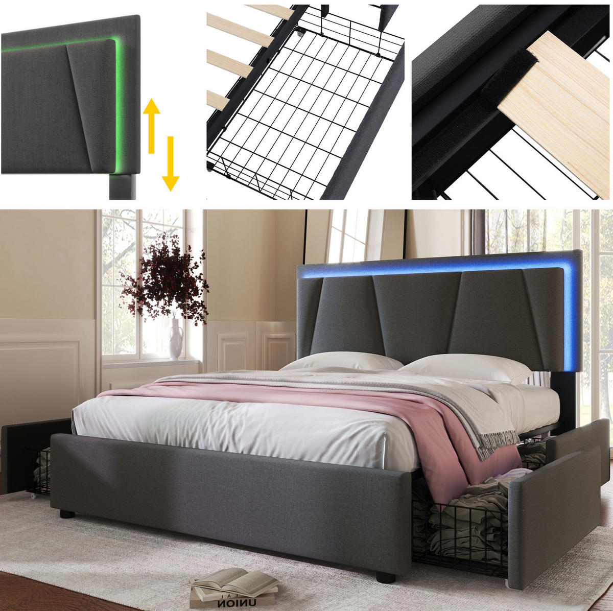 POLSTERBETT 140/200 cm aus Leinen mit LED USB-C und Stauraum Grau - Grau, Textil (140/200cm) - Modenvie