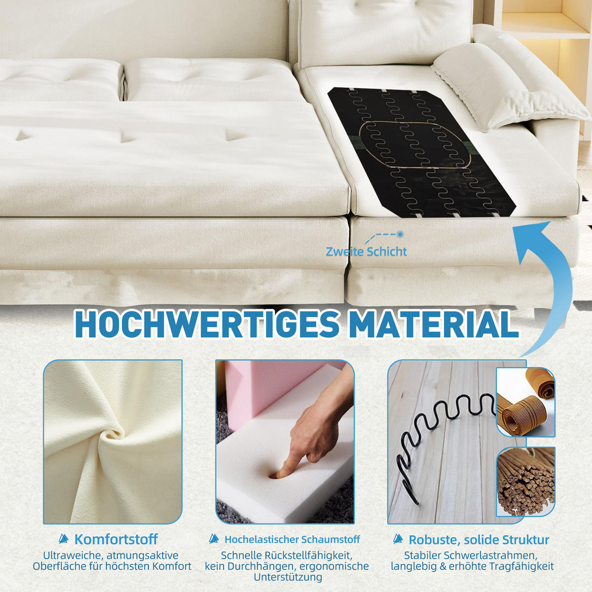 WOHNLANDSCHAFT DE-34946 278 cm mit Schlaffunktion und USB Cremeweiß - Beige, Holz (127/87/278cm) - ComfortXL