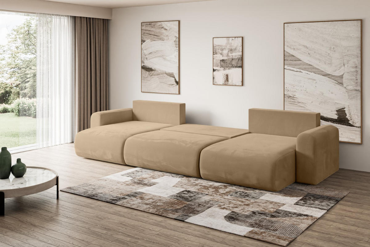 WOHNLANDSCHAFT mit Schlaffunktion und Bettkasten ORRO-U - 362x145x83 cm Beige Velours - Beige/Schwarz, Holzwerkstoff/Kunststoff (362/83/145cm) - ALTDECOR