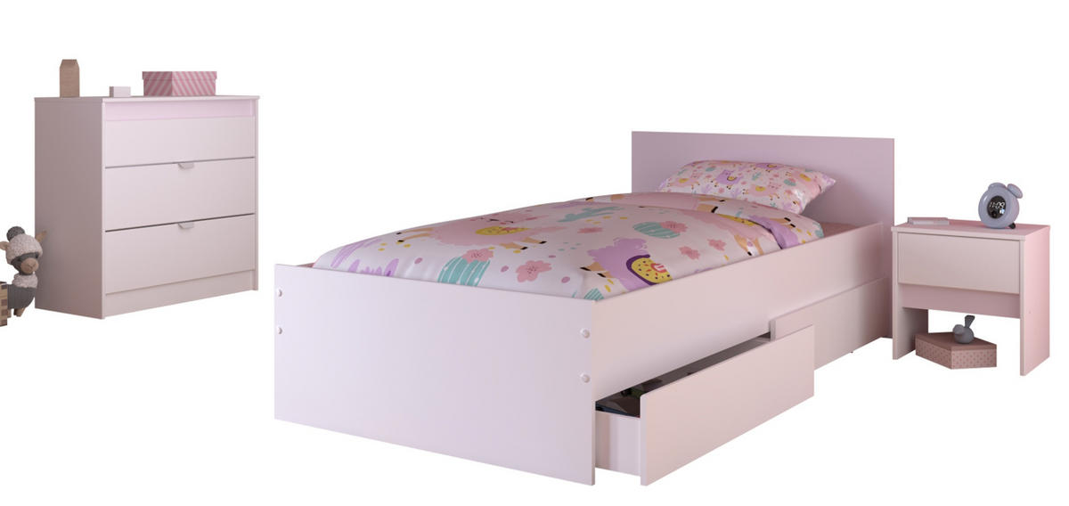 KINDERZIMMER weiß, grau oder rosa, Komplett-Set 4-teilig mit Stauraumbett 90x200 cm - Weiß, Holzwerkstoff (100/80/203cm) - Parisot Meuble
