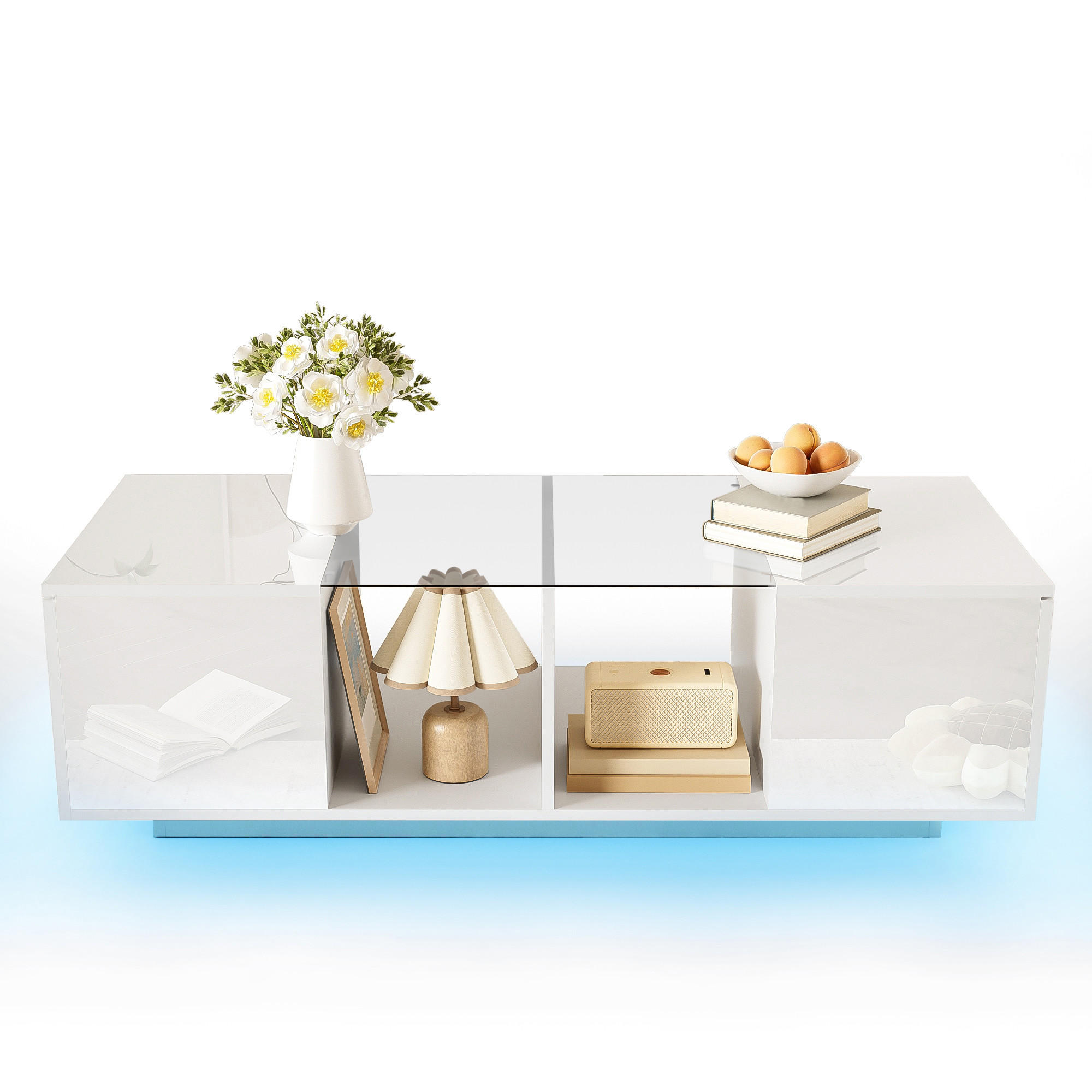 COUCHTISCH in Weiß mit LED-Beleuchtung und Hochglanz-Tischplatte für Wohnzimmer, B120/T50/H38,5 cm - Weiß, Glas/Holzwerkstoff (50/120/38.5cm) - STILVORA