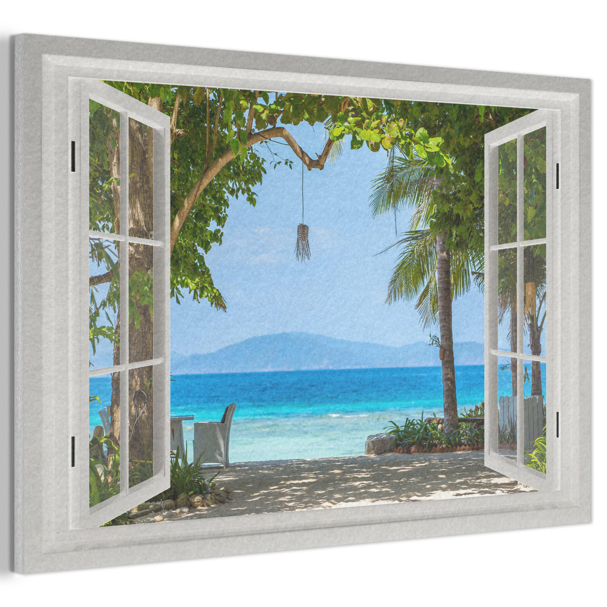 AKUSTIKBILD Aussicht - Baum - Meer - Palme - Hügel - Strand - Blau Akustikpaneele 90x60 cm - Blau, Kunststoff (90/60/0.9cm) - MuchoWow