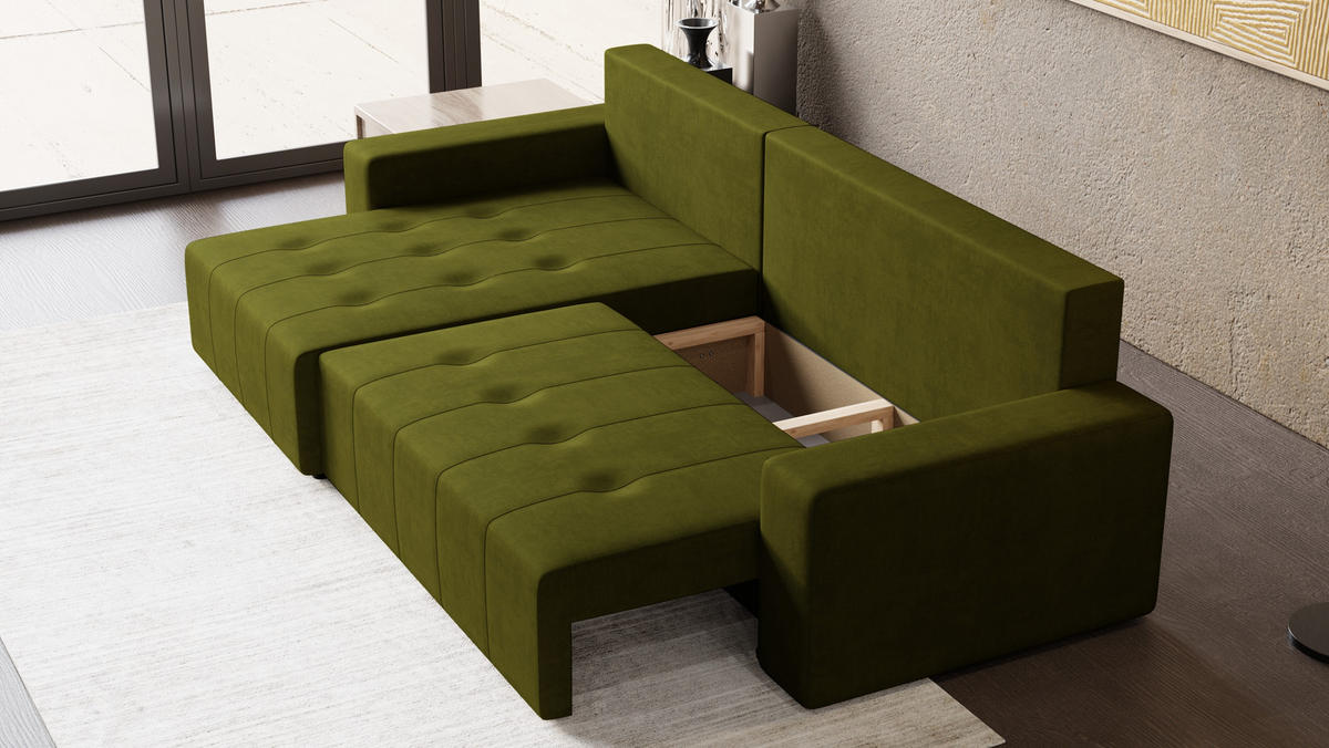 ECKSOFA Tico mit Bettkasten und Schlaffunktion, L-Form/XL-Form, Velourstoff, Universal - Olivgrün, Holzwerkstoff (276/145cm) - 4ALL HOME