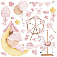 WANDSTICKER Teddybär auf dem Mond Sterne Ballons 60x30 - Gelb/Rosa, Papier (60/30/1cm) - Muralo