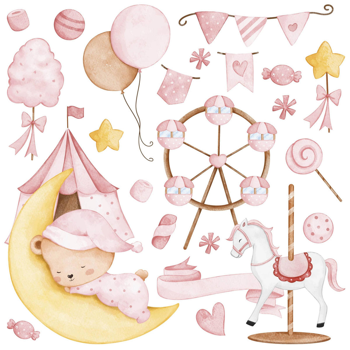 WANDSTICKER Teddybär auf dem Mond Sterne Ballons 60x30 - Gelb/Rosa, Papier (60/30/1cm) - Muralo