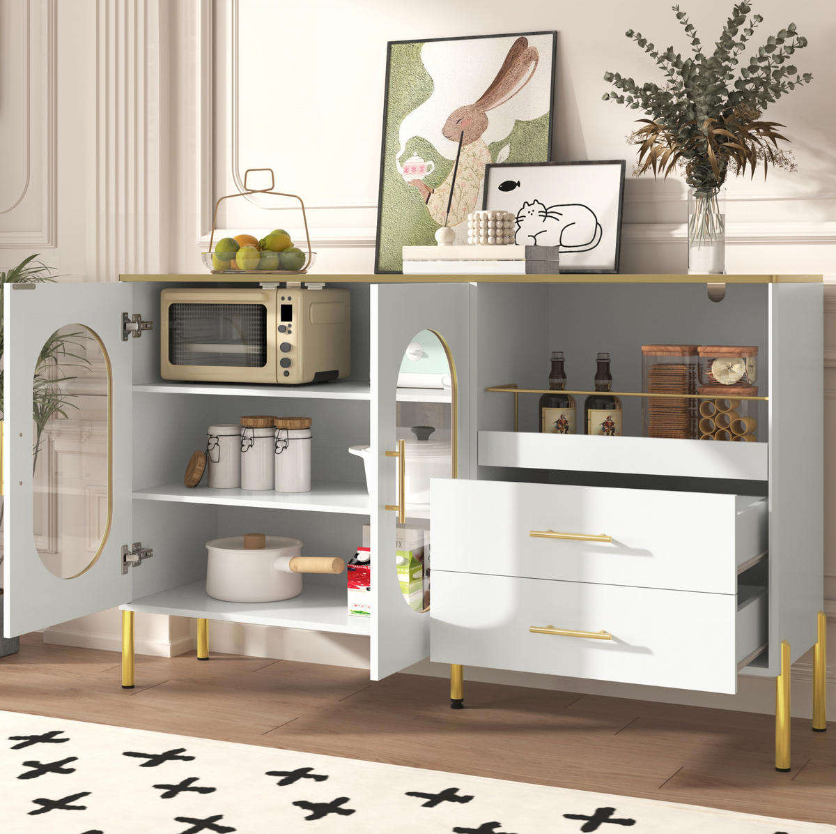 SIDEBOARD in Weiß mit goldenen Griffen und Beinen, 2 Schubladen und 2 Glastüren, 140/38/90 cm, Weiß - Goldfarben/Weiß, Holzwerkstoff (120/90/38cm) - Redom