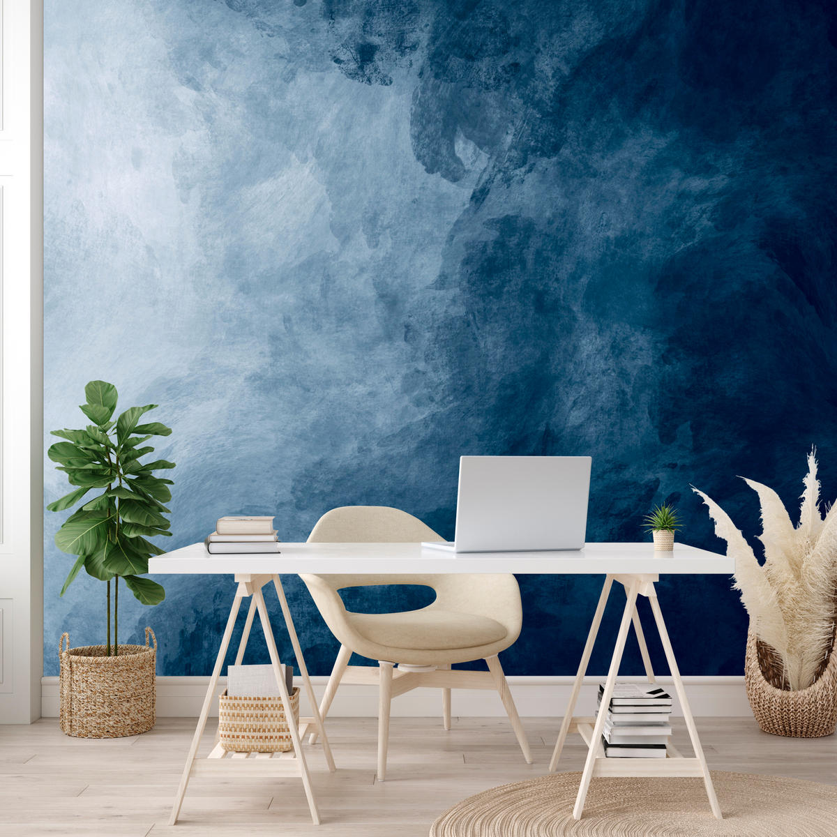 FOTOTAPETE für Badezimmer Dunkelblaues Ombre Aquarell 250x175 - Blau/Weiß, Papier (250/175cm) - Muralo