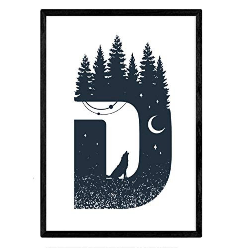 POSTER Buchstabe D Natur Wolf Mond A4 Rahmenlos - Klar, Papier (29.7/5/21cm) - Nacnic