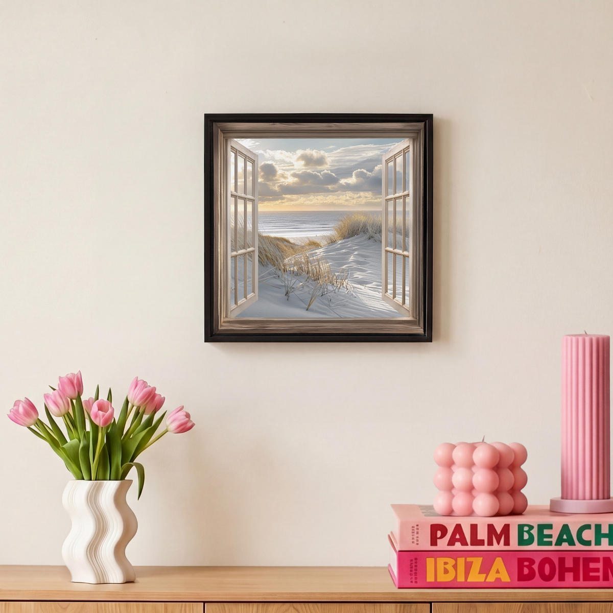 LEINWAND Bilder mit Rahmen - Ausblick - Strand - Dünen - Meer - Natur - 20x20 - Sandfarben, Textil (20/20cm) - MuchoWow