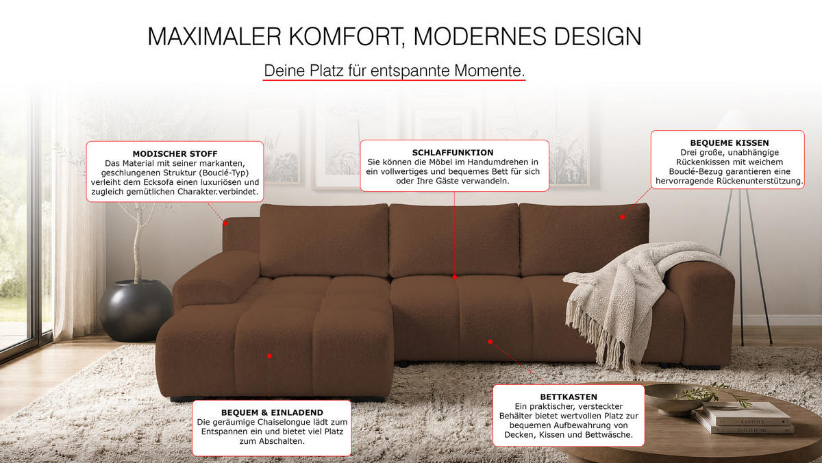 ECKSOFA Ovia mit Bettkasten und Schlaffunktion, Bouclé-Stoff in L-Form - Braun, Textil (270/185cm)