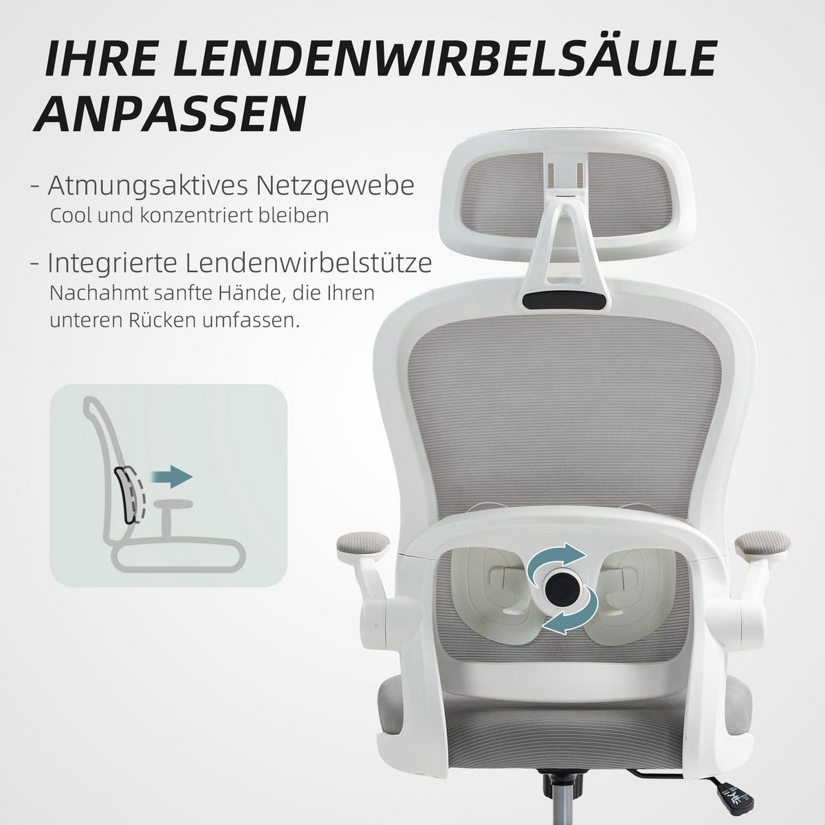 BÜROSTUHL Ergonomischer Schreibtischstuhl mit Hochklappbaren Armlehnen Grau - Weiß/Grau, Kunststoff/Textil (62/115/64cm) - HOMCOM