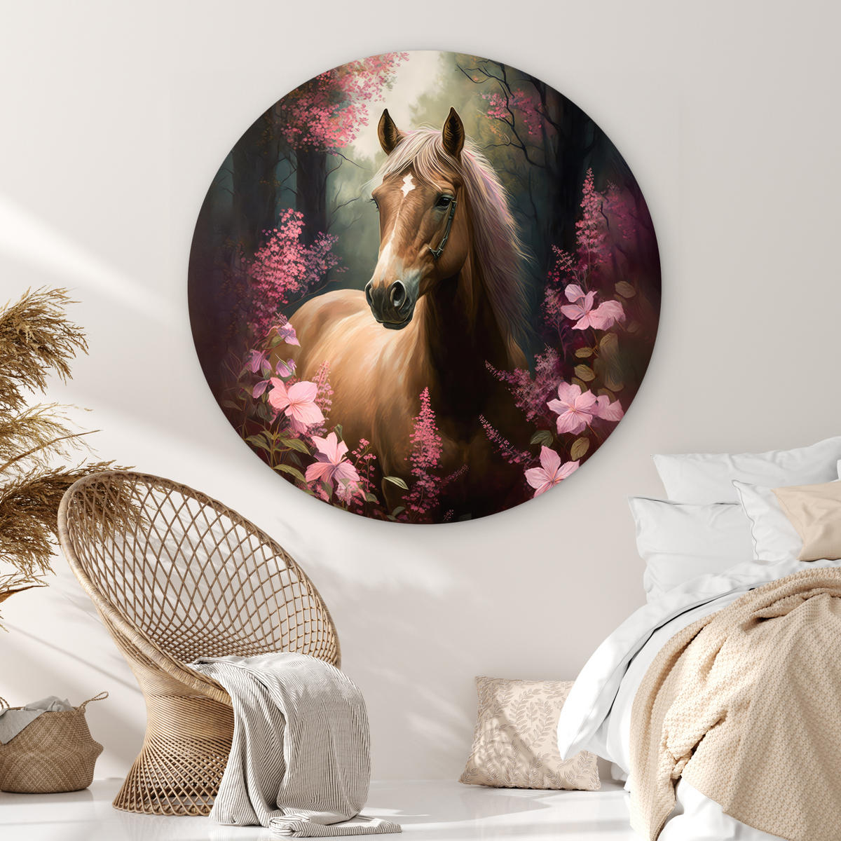WANDBILD Pferd - Blumen - Rosa - Natur - Wald 140x140 cm - Altrosa, Kunststoff (140/140cm) - MuchoWow
