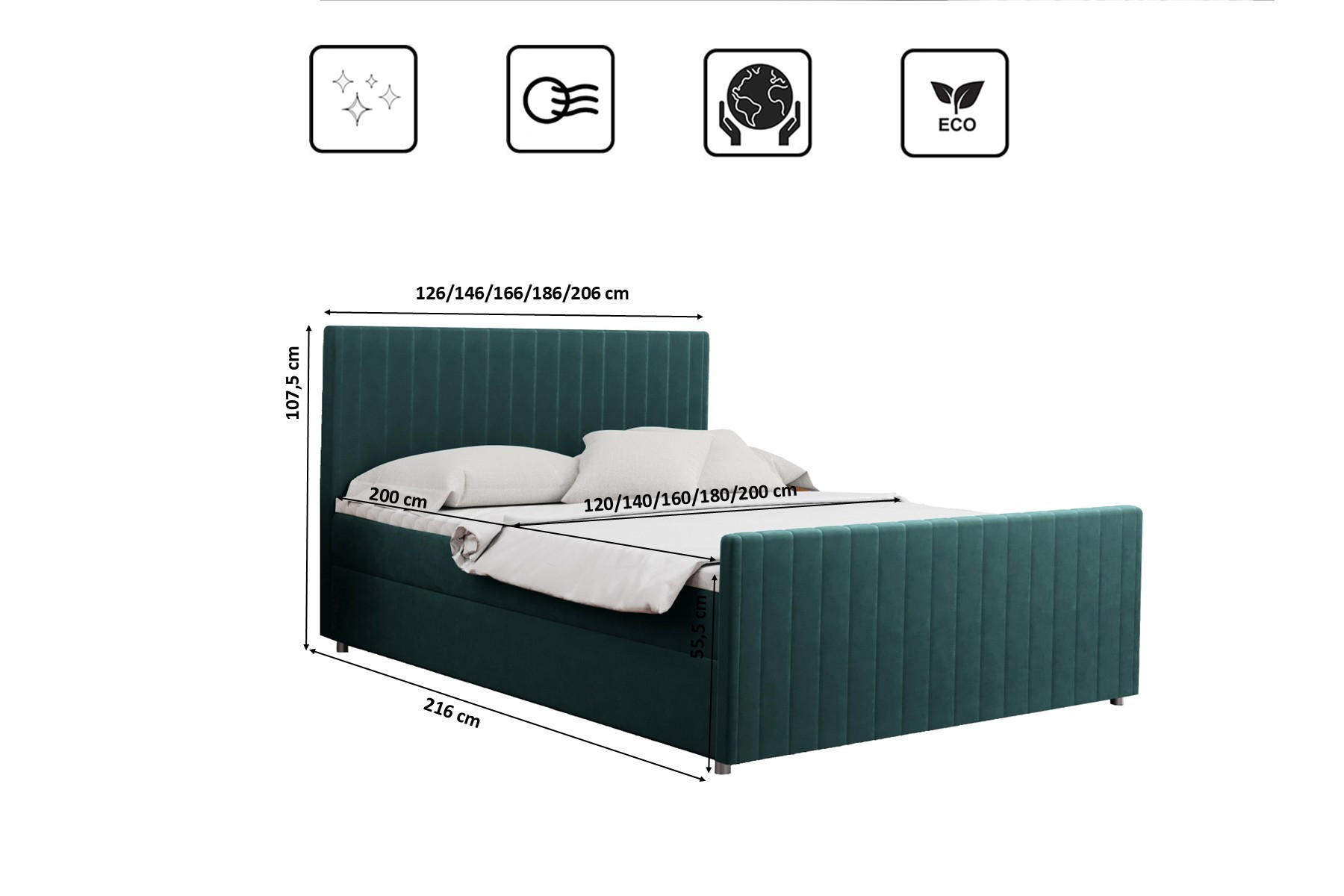 Thumbnail - Kaiser Möbel Boxbett, Mintgrün, Textil, 2 Schubladen, H2, Höhe ca. 20 cm, einzeln stellbar,Rechteckig, 180x200 cm, Reach...