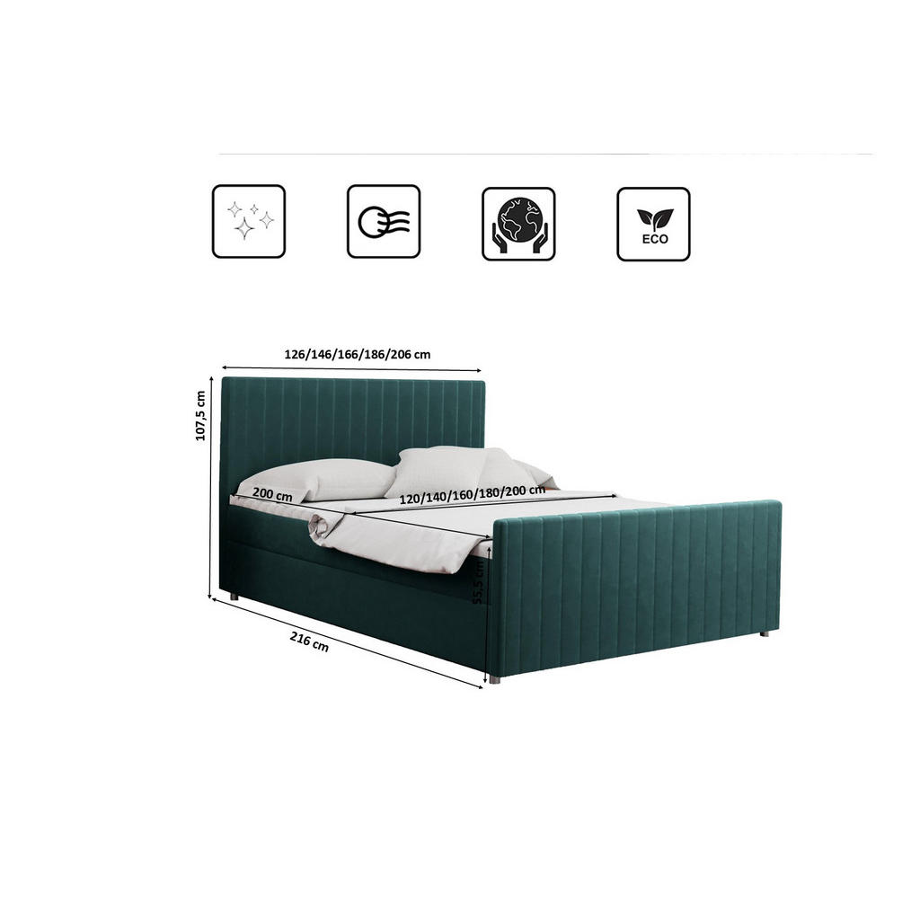 Thumbnail - Kaiser Möbel Boxbett, Mintgrün, Textil, 2 Schubladen, H2, Höhe ca. 20 cm, einzeln stellbar,Rechteckig, 200x200 cm, Reach...