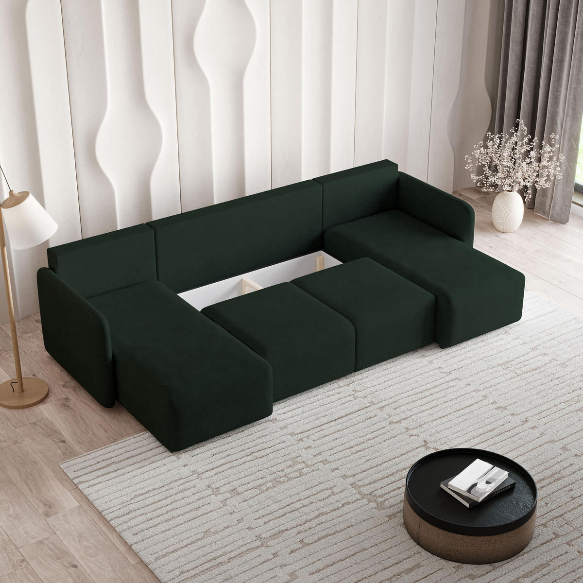 WOHNLANDSCHAFT NUBERO Grün Geflochtener Stoff mit Schlaffunktion - Grün, Holz (285/85/143cm) - MASSENO