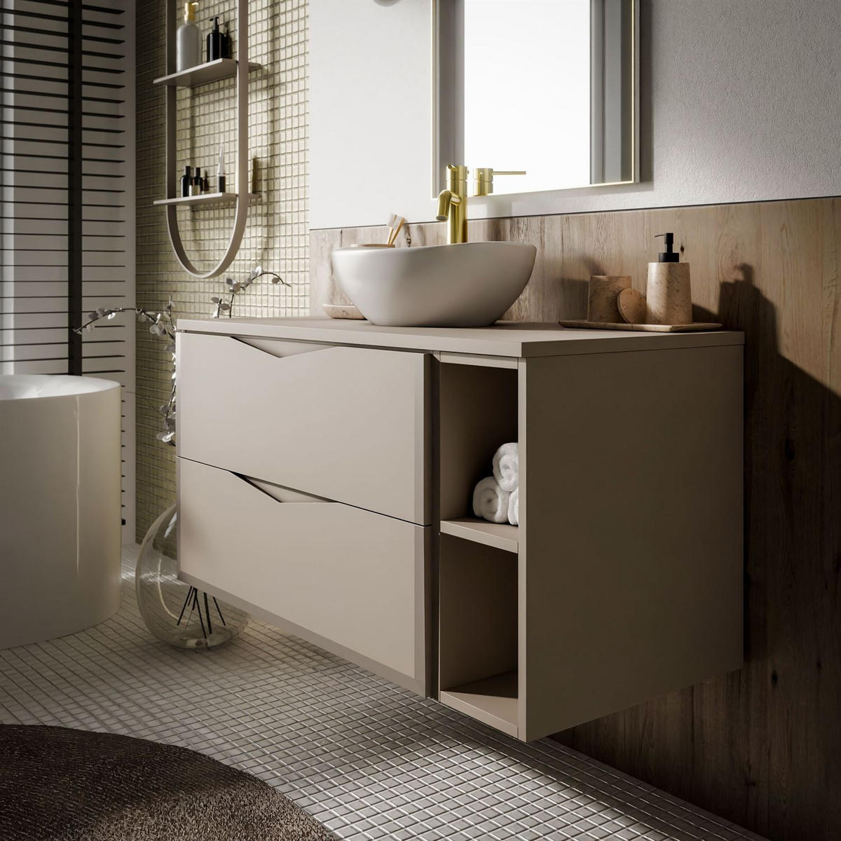 BADEZIMMERSET MIRA mit Regal II 80 cm - Kaschmir, Holzwerkstoff (80/50/46cm) - Lookway