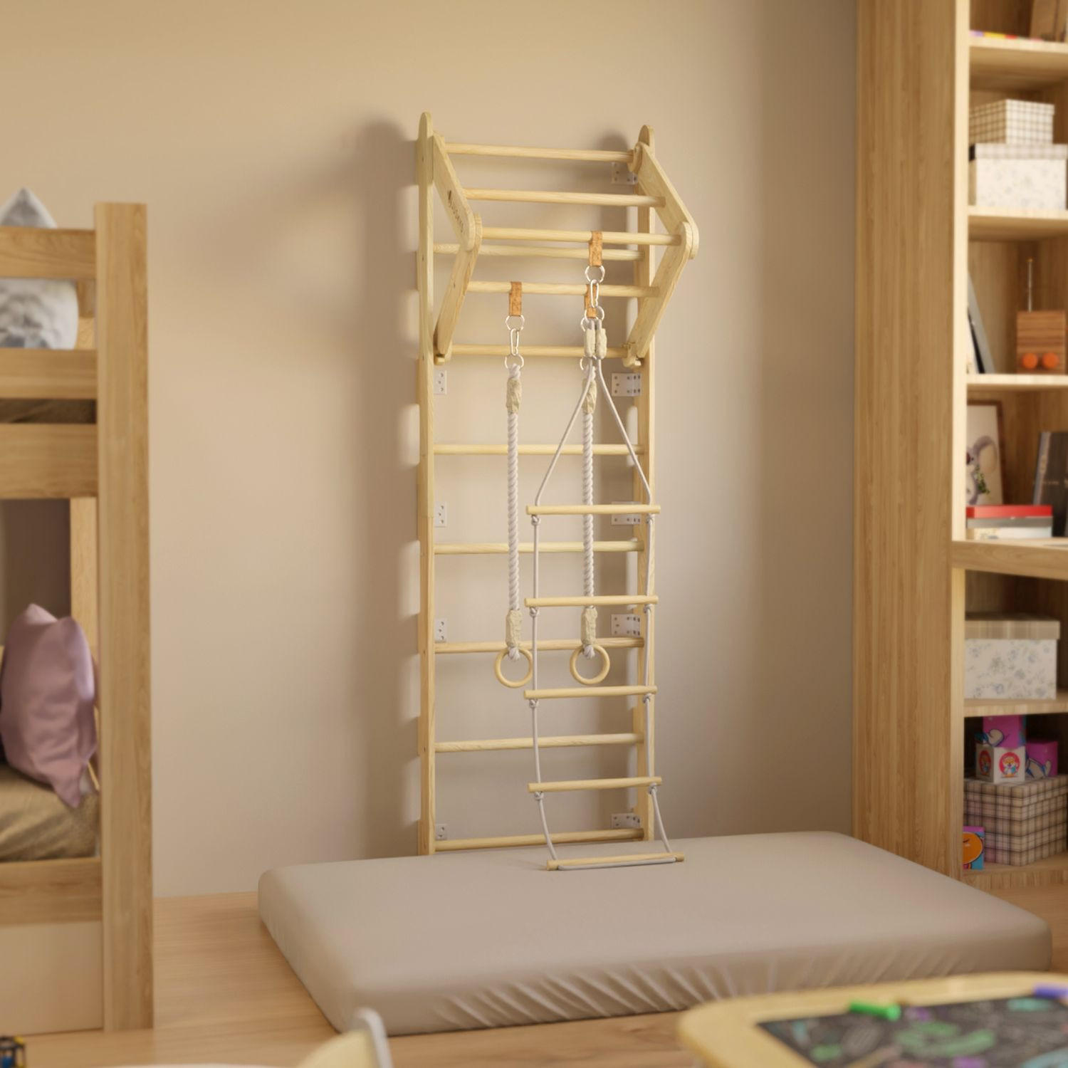 SPROSSENWAND für Kinder mit Turnringen - Naturfarben, Holz (62/57cm) - Juskys
