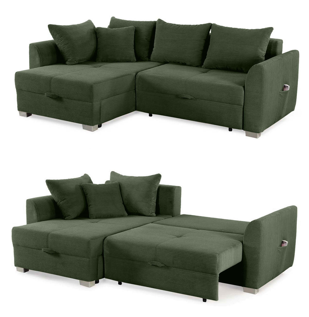 ECKSOFA mit Schlaffunktion und Bettkasten, seitenverkehrt montierbar B236/T160/H81 cm, Liegefl. 142x202 cm, Cord Grün / 15207 - Chromfarben/Grün, Kunststoff/Textil (236/160cm) - luma-home