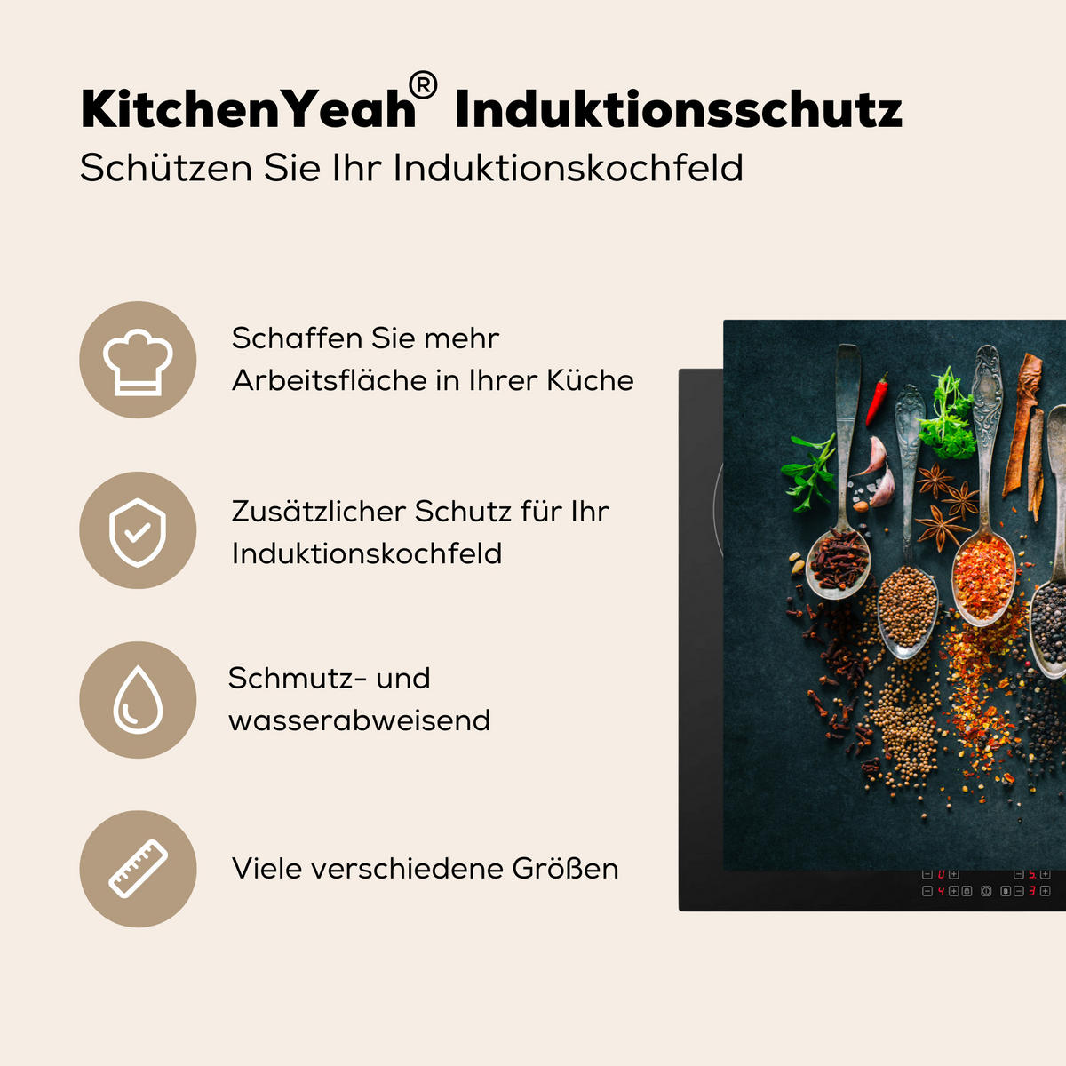 HERDABDECKPLATTE Kräuter - Gewürze - Löffel 91x52 cm - Multicolor, Kunststoff (91.6/0.2/52.7cm) - MuchoWow