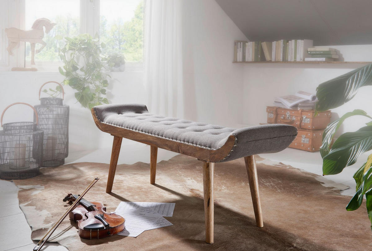 SITZBANK Massivholz Chesterfield Muster, Grau 125x38x50 cm - Braun/Grau, Mangoholz/Textil (125/50/38cm) - KADIMA DESIGN