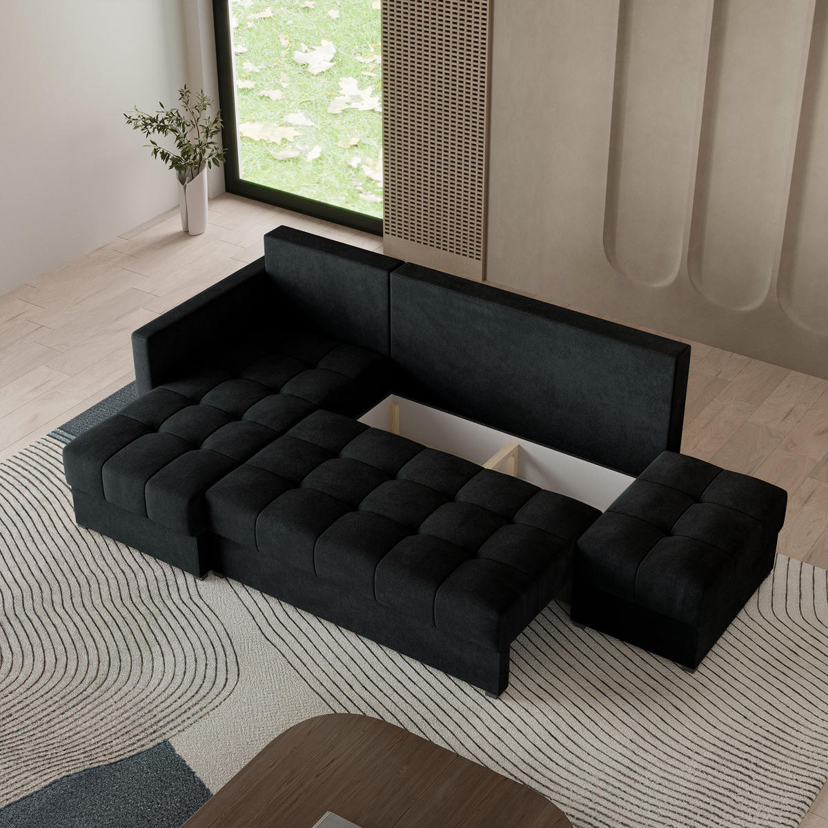 ECKSOFA LUMARI L-S Schwarz Plüsch-Stoff mit Schlaffunktion - Schwarz, Holz (262/143cm) - MASSENO