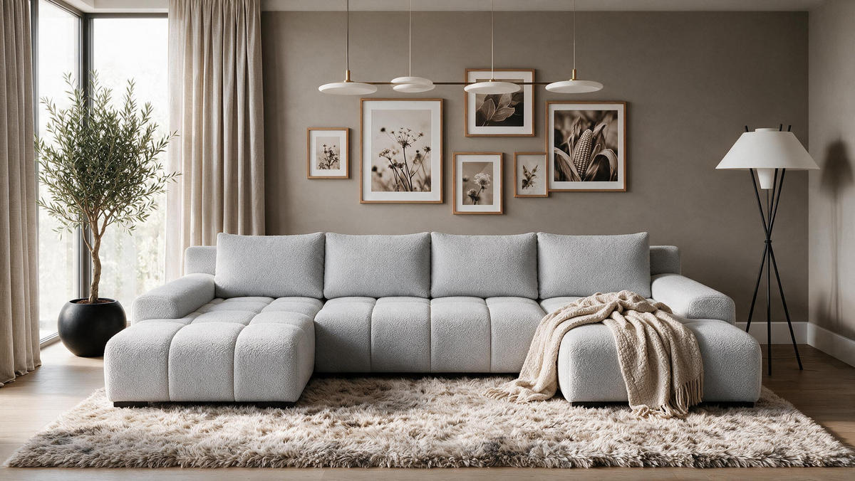 WOHNLANDSCHAFT OVIA U mit Bettkasten und Schlaffunktion, Bouclé-Stoff in U-Form - Hellgrau, Textil (350/80/185cm)