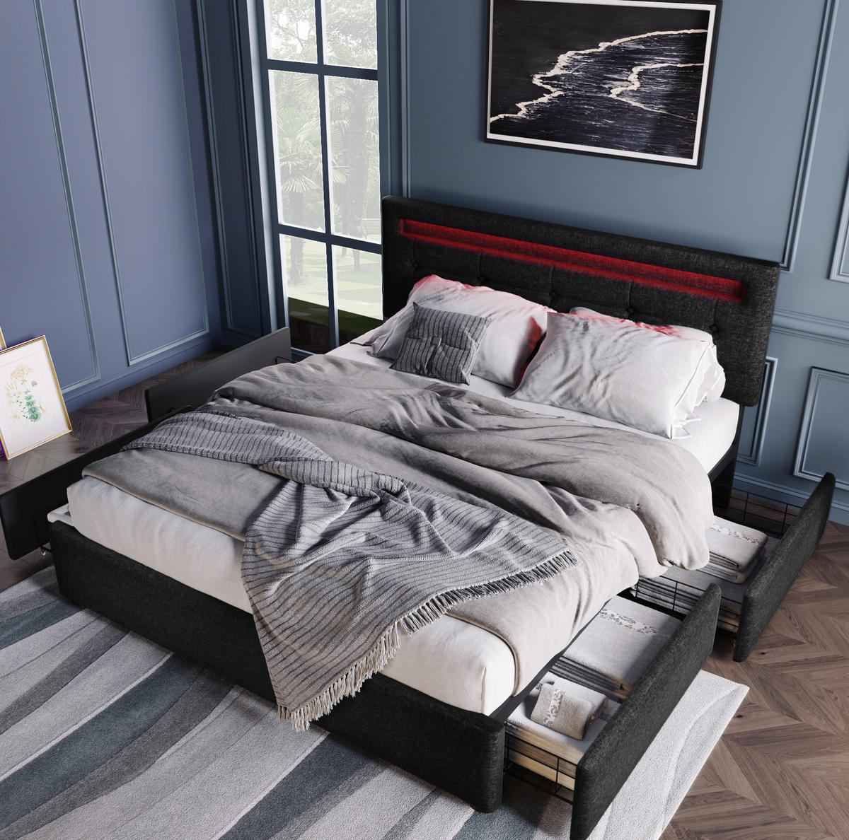 BETT mit LED und 4 Schubladen 140x200 cm Leinen Schwarz - Schwarz, Metall (140/200cm) - Meubliv