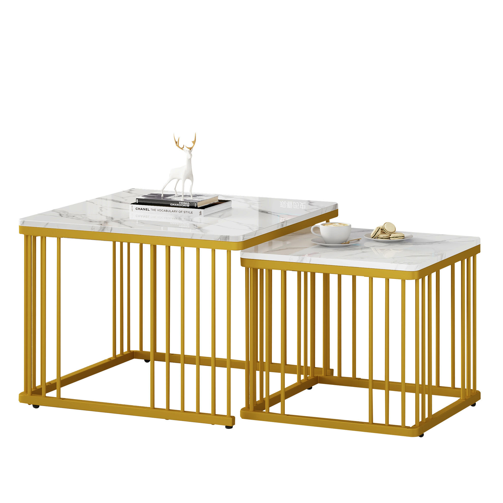 COUCHTISCH-SET aus MDF 60x60x45 cm und 45x45x40 cm Weiß in Marmoroptik, ineinanderschiebbar - Weiß, Holzwerkstoff (60/60/45cm) - IVMEU