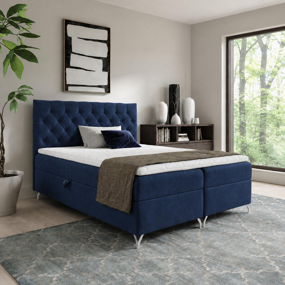 BOXBETT mit Stauraum und Topper Marineblau 120x200 cm - Dunkelblau, Textil (120/200cm) - Home Collective