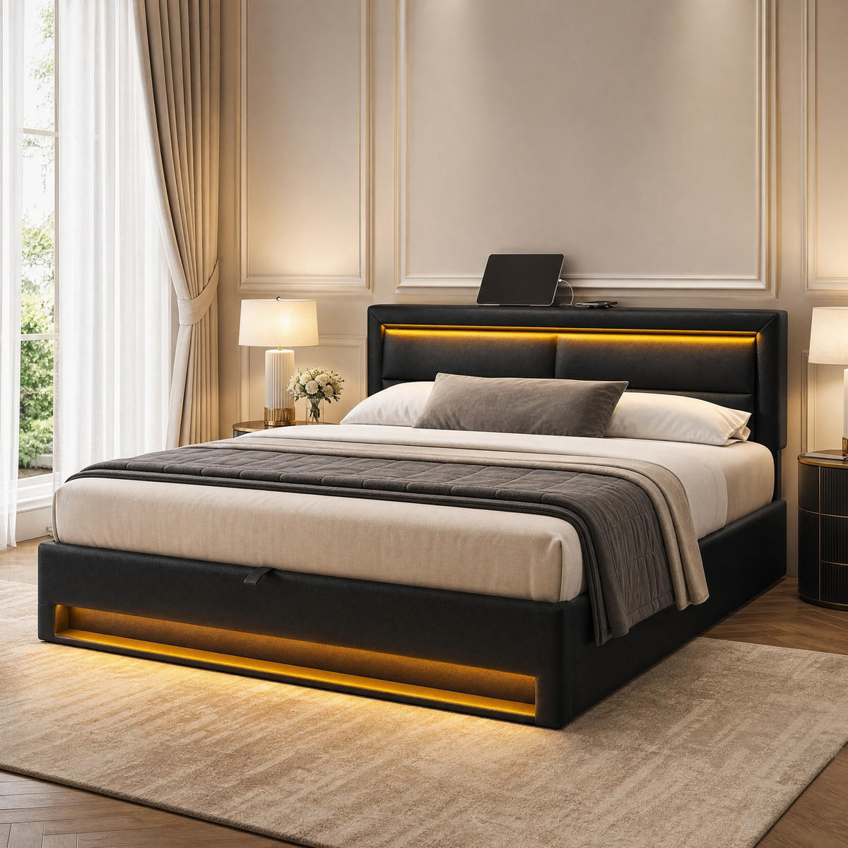 POLSTERBETT 160x200 cm in Schwarz mit LED, USB-Ladefunktion und Stauraum - Schwarz, Kunststoff (160/200cm) - IVMEU
