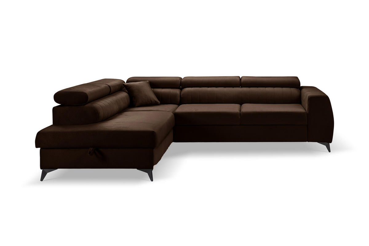 ECKSOFA PIERO L Links mit Schlaffunktion 195x125 Velours Braun - Schwarz/Braun, Holz/Textil (268/203cm) - Muffo
