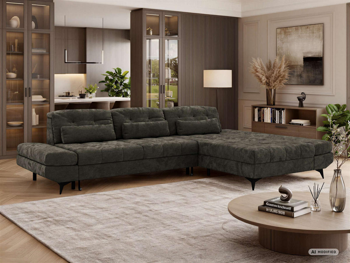 ECKSOFA ALVENO L - Dunkelgrau Schenille glatt - Rechts Seite - Dunkelgrau/Schwarz, Textil/Metall (344/218cm) - MKS