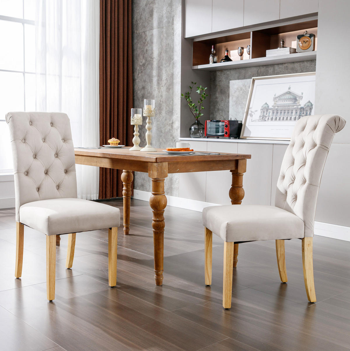 ESSZIMMERSTUHL 2er-Set Samt Beige mit Eichenbeinen - Beige, Holz (43/100/63cm) - Meubliv