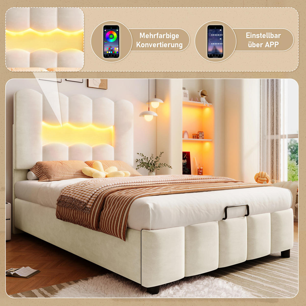 POLSTERBETT 90/200 cm Beige aus Samt mit Bettkasten und LED-Beleuchtung - Beige, Textil (90/200cm) - OKMYHOME