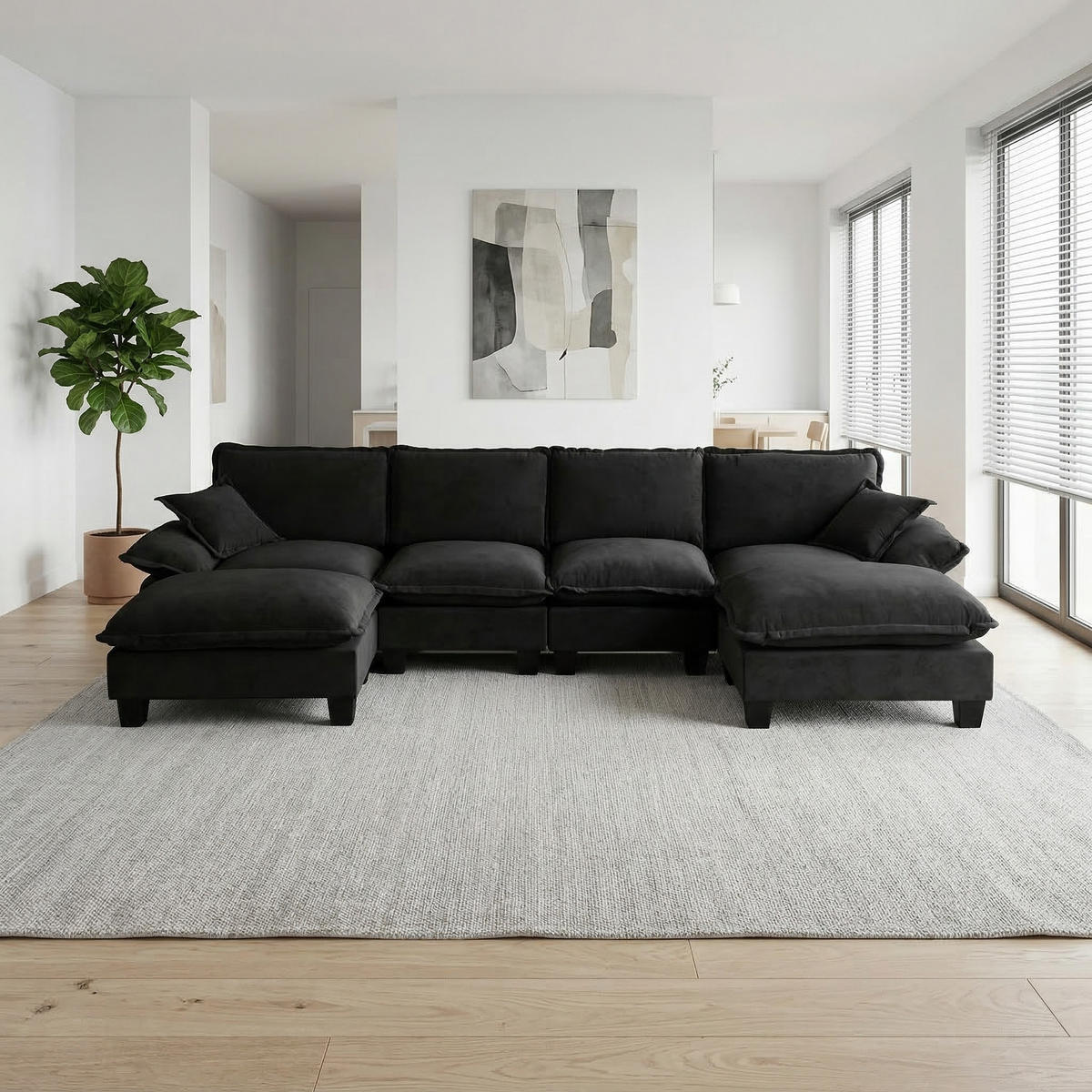 WOHNLANDSCHAFT Schwarz 332/151/90 cm 6-Sitzer Modular mit Hocker - Schwarz, Textil (332/90/151cm) - PANGIVO
