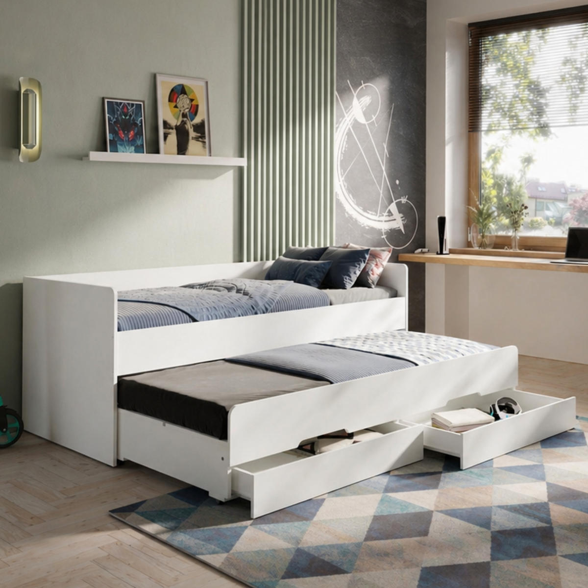 KINDERBETT mit Ausziehbett und zwei Schubladen 90x200 cm in Weiß - Weiß, Holzwerkstoff (90/200cm) - Kids Collective
