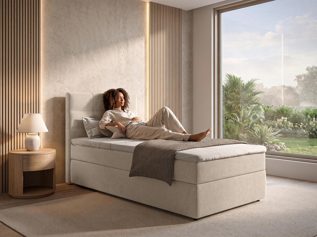 BOXBETT SAKARYA 100x200 cm mit Bettkasten und Matratze - Creme + TOPPER - Creme/Schwarz, Holz/Holzwerkstoff (100/200cm) - AX Living