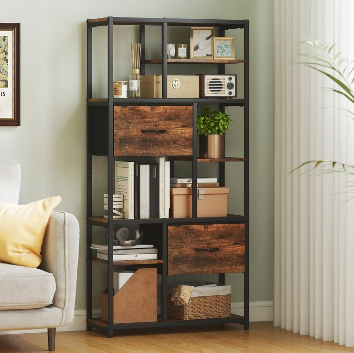 BÜCHERREGAL 72,5/30/150 cm mit 9 offenen Fächern und 2 Stoffschubladen - Braun, Holzwerkstoff (72.5/150/30cm) - BEAOK