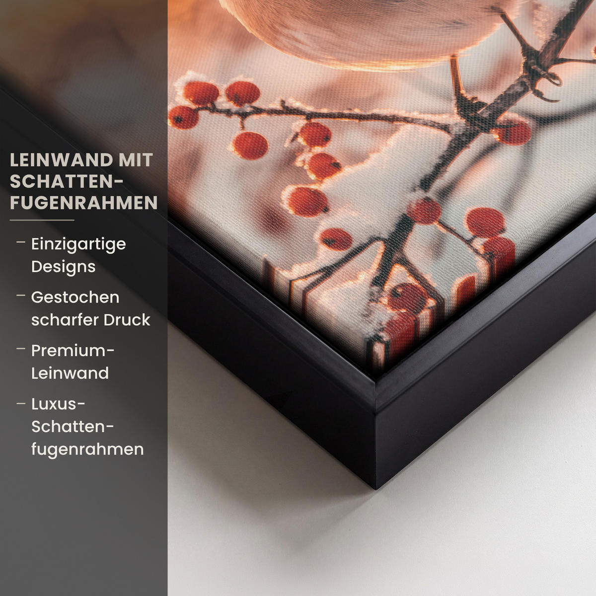 LEINWAND Bilder mit Rahmen - Vogel - Zweig - Winter - Tiere - Schnee - 20x20 - Bernsteinfarben, Textil (20/20cm) - MuchoWow