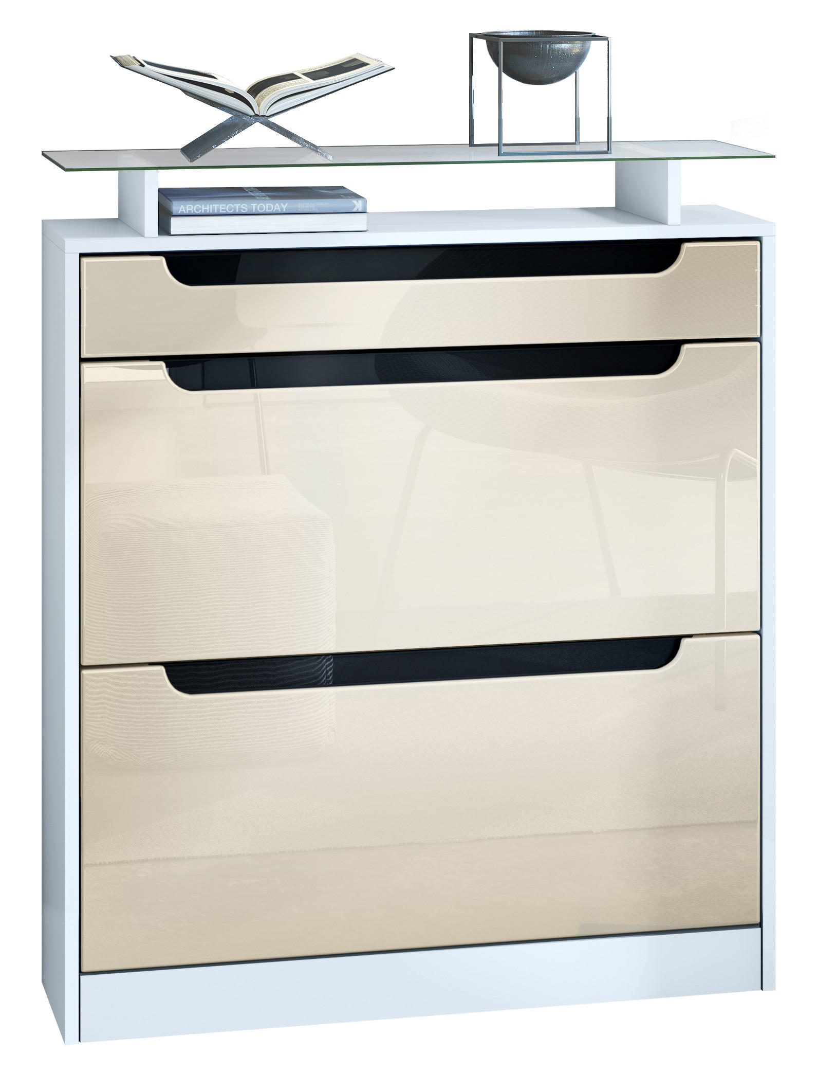 SCHUHSCHRANK Fiesta Creme Hochglanz / Schwarz Hochglanz - Creme, Holzwerkstoff (89/104/23cm) - Vladon