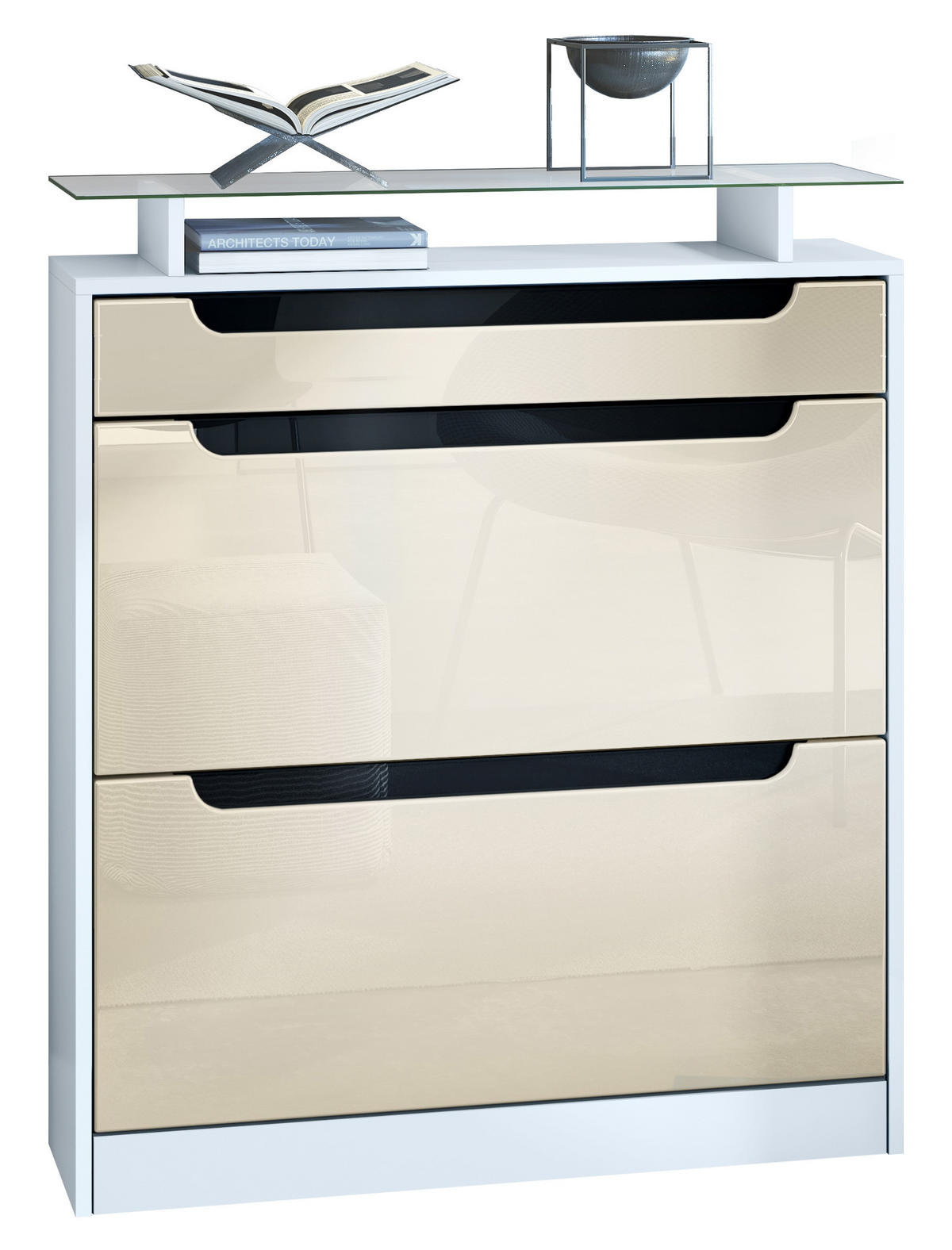 SCHUHSCHRANK Fiesta Creme Hochglanz / Schwarz Hochglanz - Creme, Holzwerkstoff (89/104/23cm) - Vladon