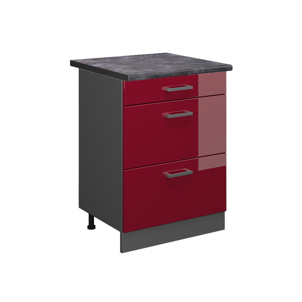 KÜCHENUNTERSCHRANK R-Line Rot Hochglanz 60 cm mit Schubladen, AP Anthrazit - Bordeaux/Anthrazit, Holzwerkstoff (60/81.6/60cm) - Vicco