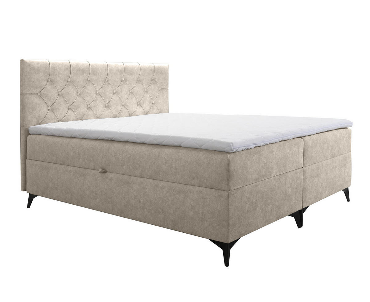 BOXBETT Palmeria 140/200 cm in Beige – mit Bettkasten und Topper - Beige/Schwarz, Holz/Holzwerkstoff (140/200cm) - AX Living