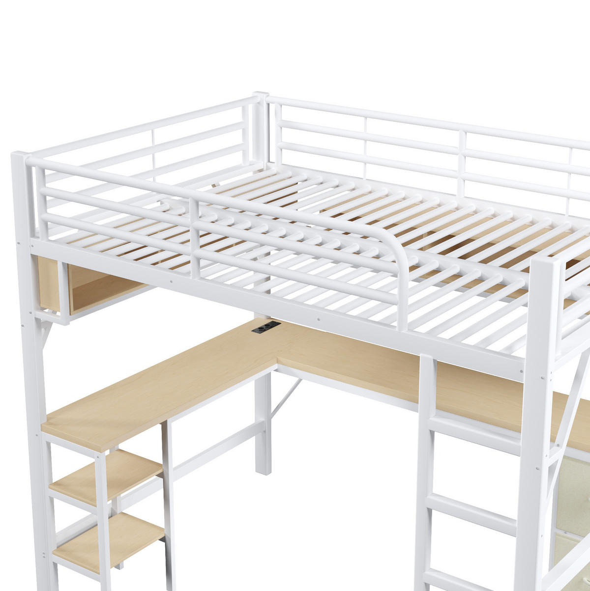 HOCHBETT 140/200 cm in Weiß – mit Schreibtisch, Stauraum und Rausfallschutz - Weiß, Holzwerkstoff (140/200cm) - BEAOK