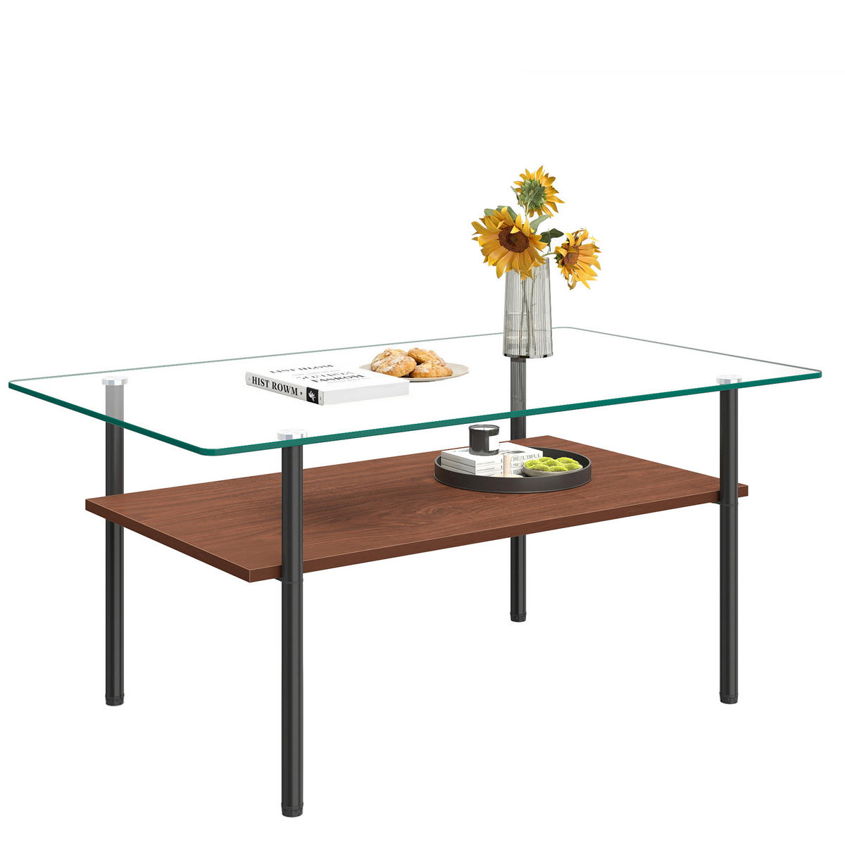 COUCHTISCH DE-37418 rechteckig mit Glasplatte und MDF-Ablage Braun - Schwarz/Braun, Metall (97.7/57.7/45cm) - ComfortXL