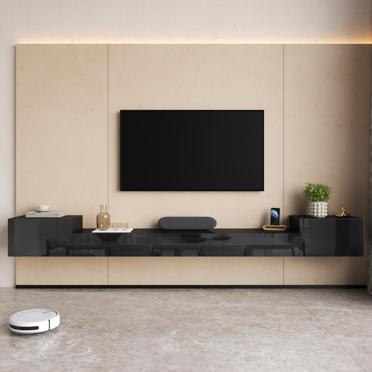 TV-SCHRANK 245/30/26 cm Schwarz mit LED-Beleuchtung und Hochglanz-Türen - Schwarz, Holzwerkstoff (245/26/30cm) - Oxeza
