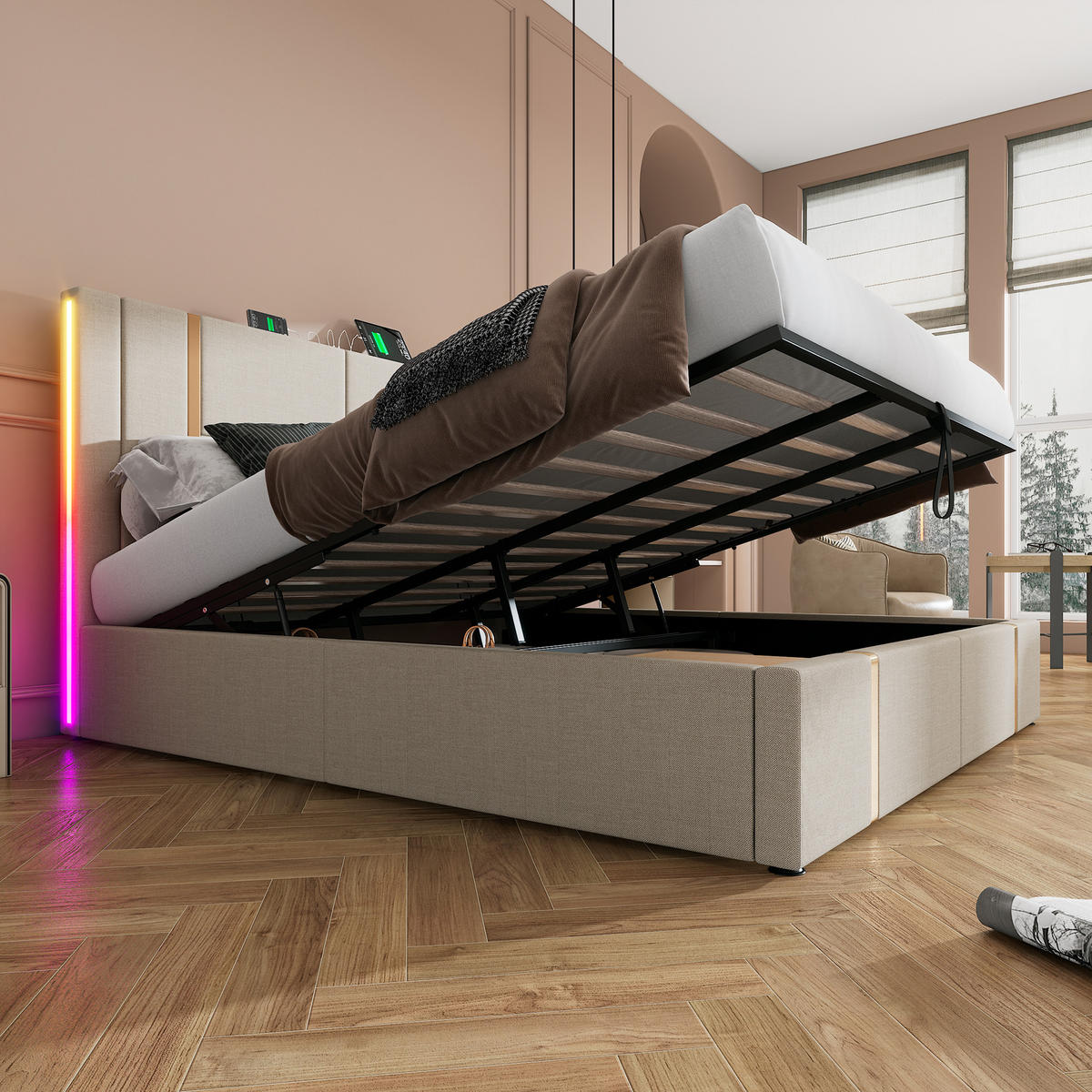 POLSTERBETT 180/200 cm Beige - Beige, Holz
