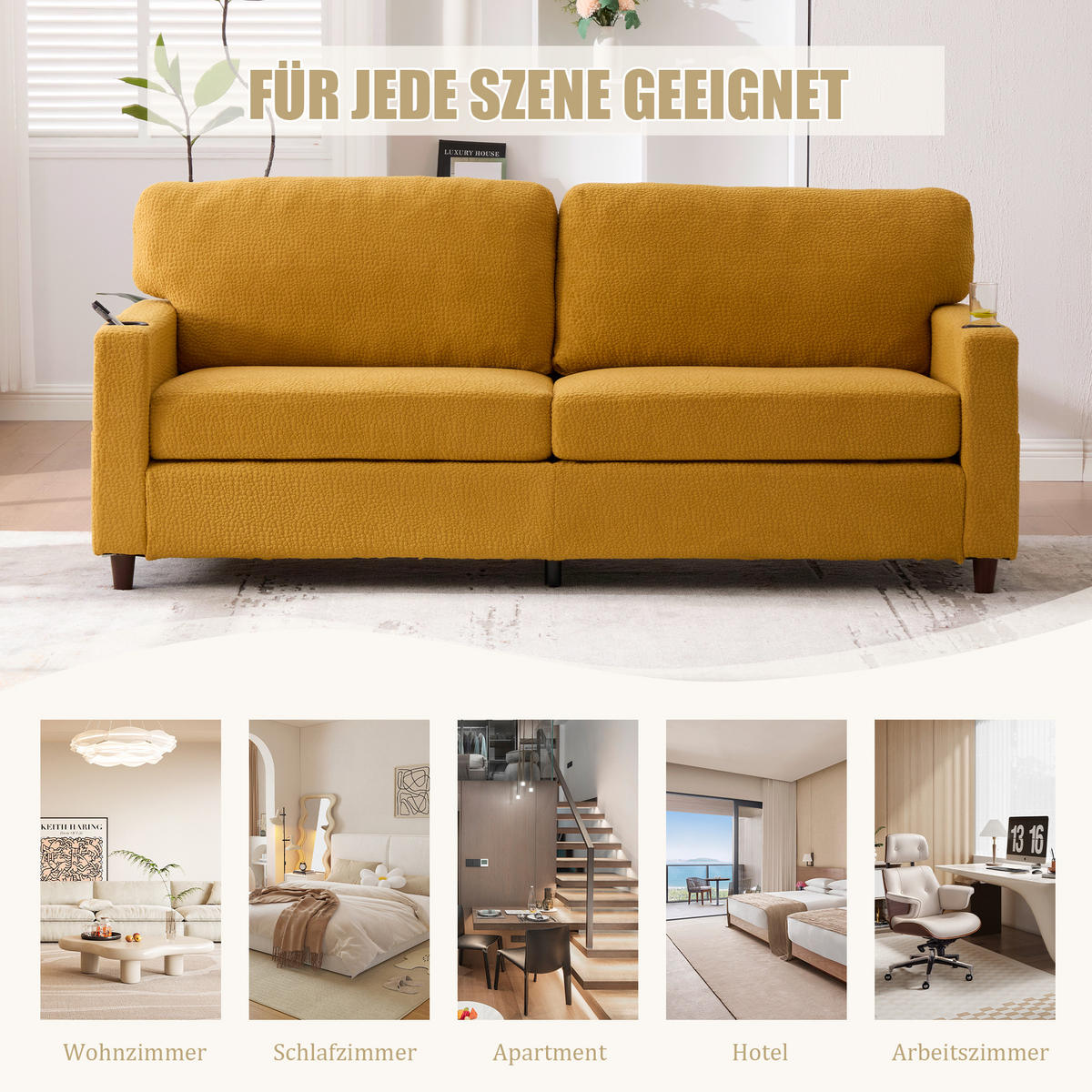 ZWEISITZER Sofa Chenille mit USB-Anschluss und LED Getränkehalter 203/77,5/86 cm Gelb - Gelb, Textil (77.5/86/203cm) - Redom