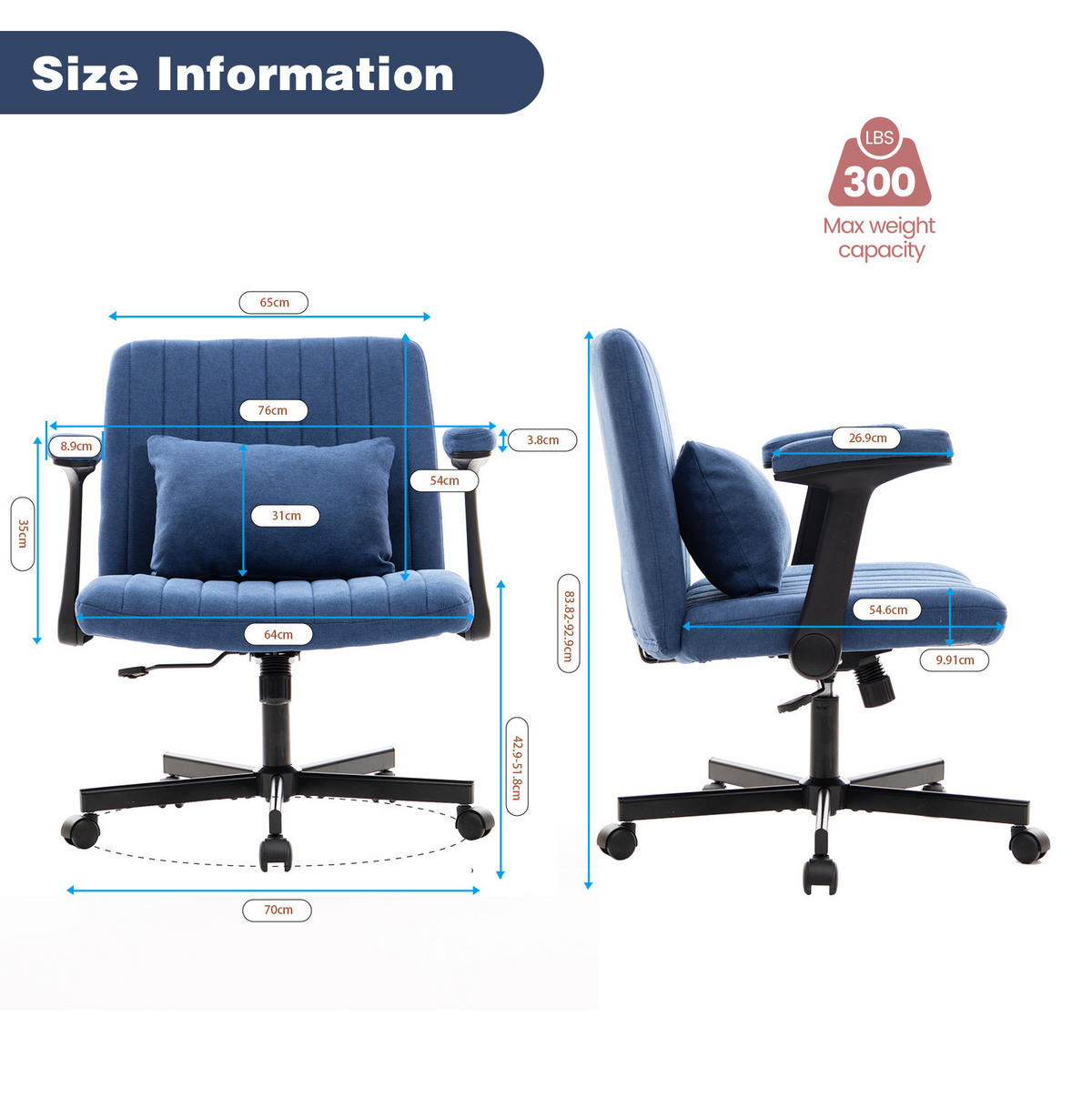 BÜROSTUHL höhenverstellbar mit klappbaren Armlehnen Stoff Blue - Blau, Kunststoff (25.2/33/21.5cm) - Meubliv