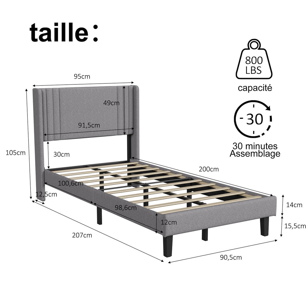 POLSTERBETT 90x200 cm Kopfteil Lattenrost Leinen Einzelbett grau - Grau, Holz (90/200cm) - LEBENLANG